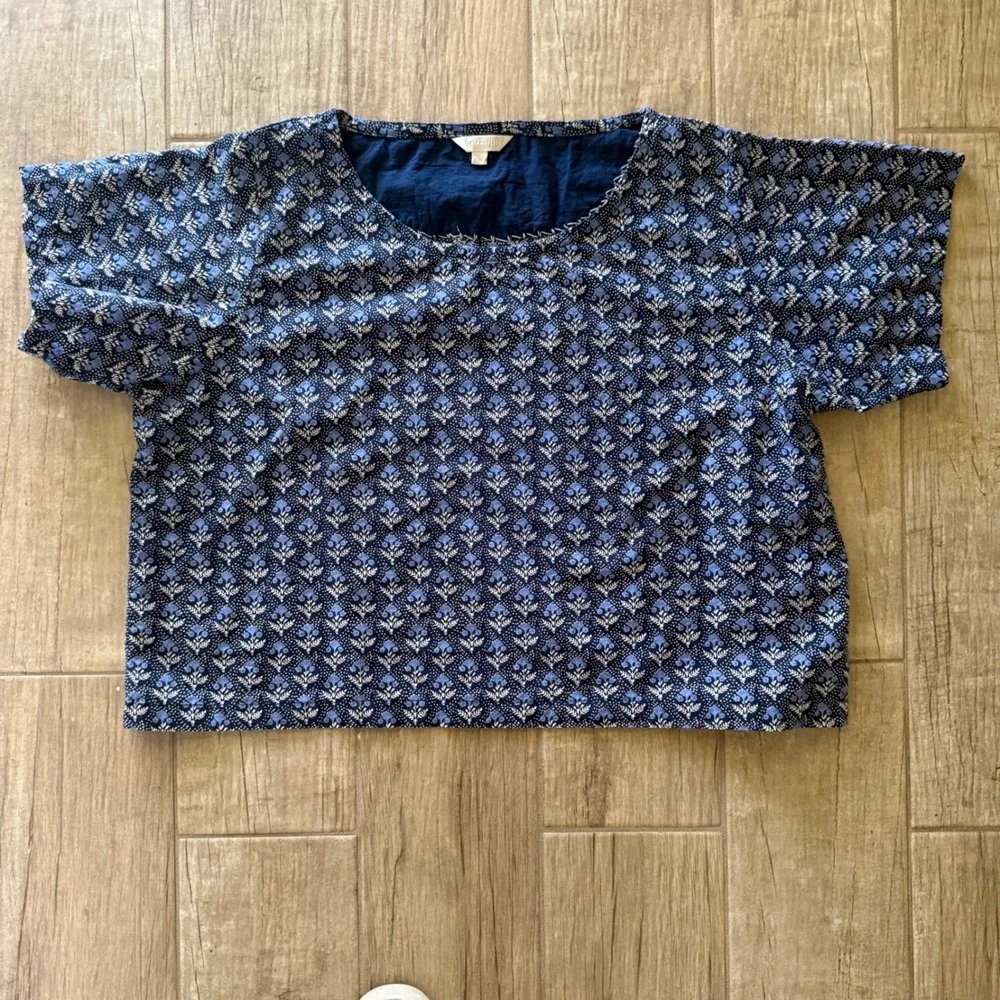 Voloshin Blue Floral Block Print Boxy Crop Top Womens Large L Short Sleeve - Picture 1 of 9